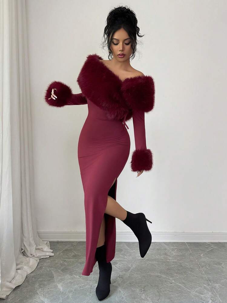 Modelyn Damen elegantes Off-Shoulder Patchwork-Kleid mit Kunstpelzkragen, Winter - Bordeaux - Übersicht 5