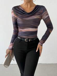 Chiquease Damen Batik-Muster geraffter Hals Langarm T-Shirt Grafik Oberteile Damen für Frühlings-Outfit Herbstkleidung für Frauen