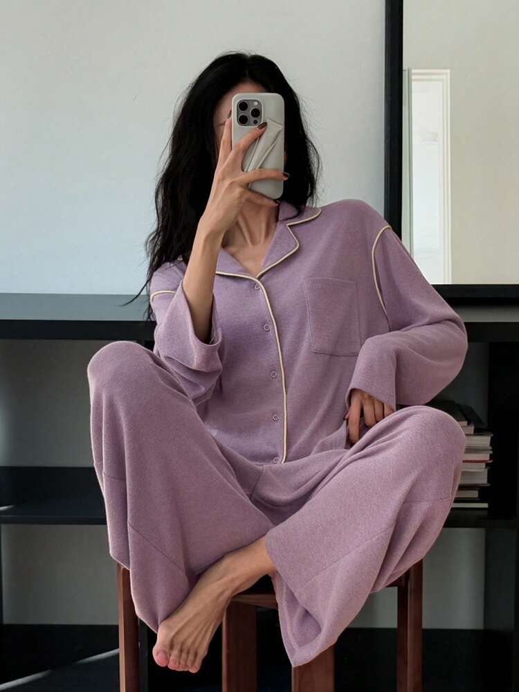 Women's Contrast Trim Knit Pajama Set, Autumn/Winter