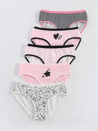 Paquete de 5 bragas suaves y cómodas para niñas con estampados de estrellas y corazones de colores surtidos y letras en inglés