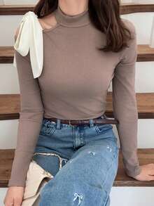 FRIFUL 女士高领露肩撞色蝴蝶结修身长袖T恤，甜美可爱女士上衣，秋季款