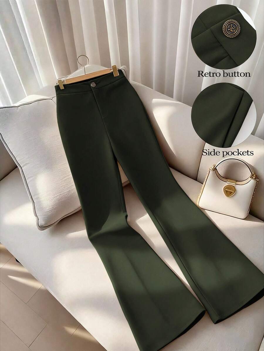 GlowEve CURVE Große Größen Elegante Vurlaubshose für Damen, hochwertige Bundfaltenhose mit Taschen für den Büroalltag - Armeegrün - Übersicht 1