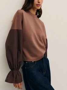 Nöista Brown Long Sleeve Top With Puffy Sleeves Incontrast Color  Different Quality. Spring Women's Clothing Elegant Vaccay Holidays Summer.   Vacation Luxury Going Out  Wedding  Party    Festival  Holiday  Summer - Coffee Brown - View 4