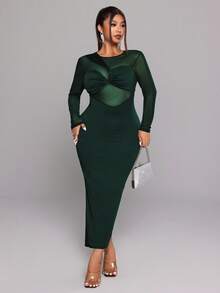 NU&NOW Vestido de festa sexy plus size feminino de manga comprida, gola redonda e detalhes em tule. - Verde - Ver 6