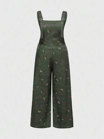 Hippie Plus Size Women Moon & Plant Print Wide Leg Loose Casual Jumpsuit