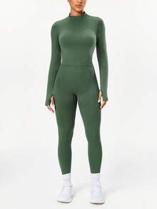 Seamluxe SHEIN Sport Bộ đồ thể thao cổ cao tay dài và quần dài liền mạch - xanh quân đội - Xem 4