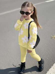 SHEIN Happikins Baby Girl Casual Knit Soft Thick Round Neck Long Sleeve Sweatshirt And Leggings Set, Classic Cute Floral Print, Suitable For Autumn/Winter - Multicolor - View 2