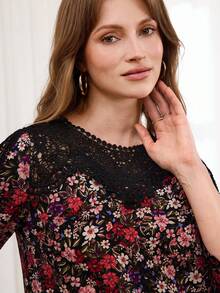 Miaspire Women's Lace Floral Print Patchwork Round Neck 3/4 Sleeve Elegant Blouse Vacation Spring Summer - Multicolor - View 6