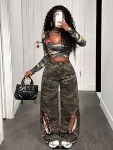 BamGleam Jeans de moda para mujer con camuflaje y remaches calados - Verde militar - Ver 6