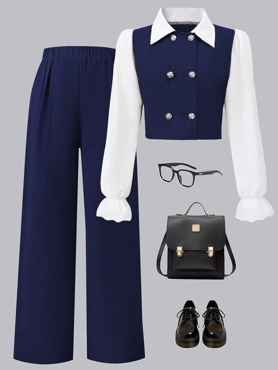 2pcs Set: Collared Patchwork Long Sleeve Shirt + Casual Straight Leg Pants - Navy Blue - View 1