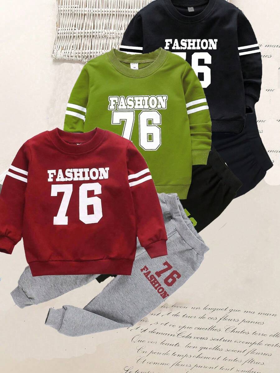 SHEIN Explorewe 6 件套年轻男孩休闲运动学院街头时尚 76 数字和字母印花运动衫 + 裤子,适合日常穿着、上学、郊游、运动、春秋季 - 彩色 - 查看 1