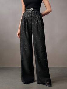 Anewsta Women's Halloween Rhinestone Embellished Casual Black Pants, Autumn/Winter