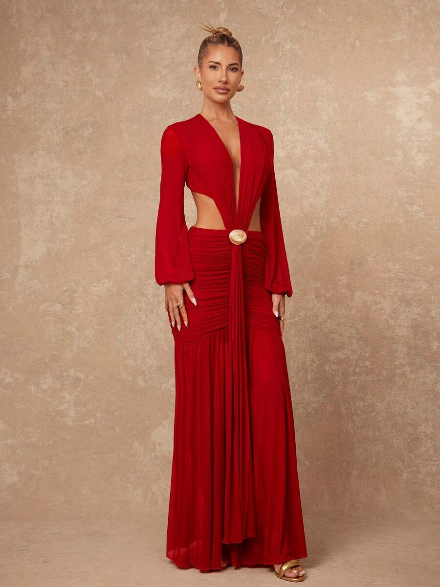 Lumalex VITNOS 秋冬新款奢华波西米亚风优雅度假性感透视网纱纯色酒红色深V露背长袖修身连衣裙，适合晚宴、夜店、派对、锐舞节等场合，也可作为正式秋季、夏季泳装、休闲度假、复活节、波西米亚风、海滩、户外、婚礼季、宴会、成人礼、海滩等场合穿着。这款连衣裙采用V领、泡泡袖、褶皱腰身、金属扣等设计，宽松舒适，适合长款酒红色连衣裙、酒红色礼服、酒红色婚礼宾客礼服等场合。Love And Lemonade 酒红色连衣裙，搭配同系列酒红色长款连衣裙，尽显优雅气质。