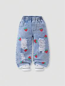 1pc Baby Girls' Light Washed Blue Strawberry Print Wide Leg Jeans, Comfortable & Sweet Casual Vacation School Style Recommended! Soft Light Washed Blue Denim Fabric, Rugged Frayed Hem Contrasts With Delicate Strawberry Print, Unique And Fashionable - Light Wash - View 3