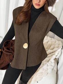 Auralis Plus Size Solid Color Minimalist Sleeveless Vest/Winter Office Old Money - Khaki - View 6