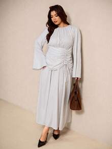 Elaquor Plus Size Round Neck Raglan Sleeve Ruched Striped Dress - Apricot - View 6