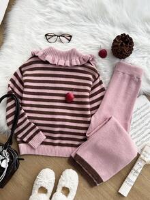 SHEIN Sparklyn 两件套：优雅法式粉色条纹彼得潘领针织上衣 + 针织裤，秋冬款 - 粉色 - 查看 2