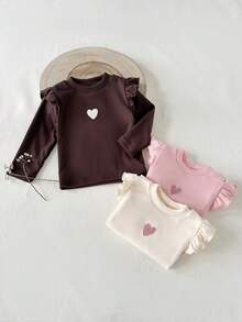 SHEIN Bộ 3 áo dài tay cổ tròn thêu hình trái tim hai mặt bằng vải nỉ mềm mại, thoải mái cho bé gái, thích hợp mặc thường ngày, ở nhà, chơi ngoài trời vào mùa thu/đông, đa năng. - Nhiều màu - Xem 5