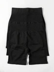 Gameset SHEIN Sport 3pcs/Set Plus Size Black Seamless Slim Fit Workout Shorts, Yoga, Fitness, Outdoor, Running, Everyday Wear - Black - View 3