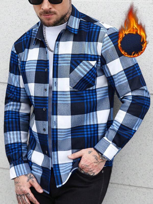 Manfinity CasualCool Men's Casual Plaid Button-Up Long Sleeve Shirt With Pockets, Autumn Blue Black And White Shirts Men Flannels For Men Blue And White Outfit Men Blue Flannel For Men
