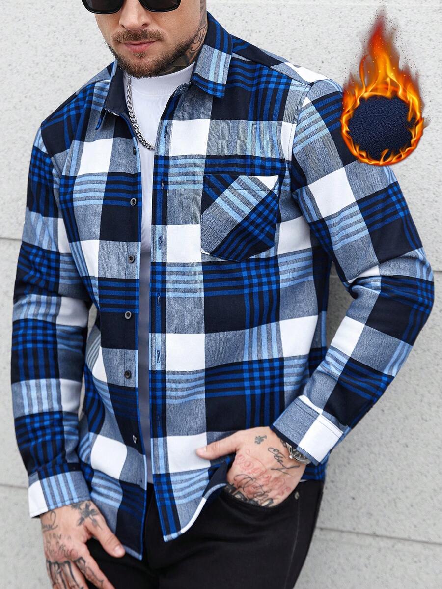 Manfinity CasualCool Men's Casual Plaid Button-Up Long Sleeve Shirt With Pockets, Autumn Blue, Black And White Shirts Men Flannels Shirt