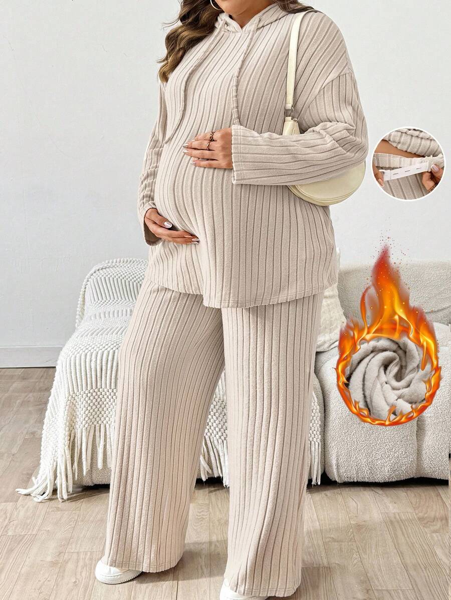SHEIN 2pcs/Set Maternity Plus Size Solid Color Drop Shoulder Long Sleeve Hooded Sweatshirt And Adjustable Waist Pants, Casual Outfit Maternity Clothes Two Piece Suits 2 Piece Maternity Set Lounge Sets For Women Lounge Sets Plus Size Maternity Lounge Set