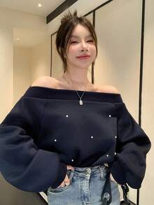 DAZY 女士不对称肩部闪亮水钻卫衣，藏蓝色，带保暖内衬，适合秋季、冬季、新年、圣诞派对穿着 - 藏蓝色 - 查看 2