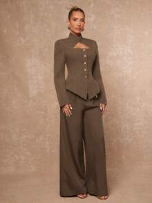 Lumalex 立领镂空腰部金属纽扣收腰直筒短裤，女士长袖套装 - 棕色 - 查看 3