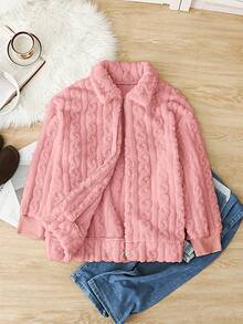 SHEIN Frenchy Jaqueta feminina plus size casual, simples e felpuda, de manga comprida, ideal para o inverno. - Rosa - Ver 10