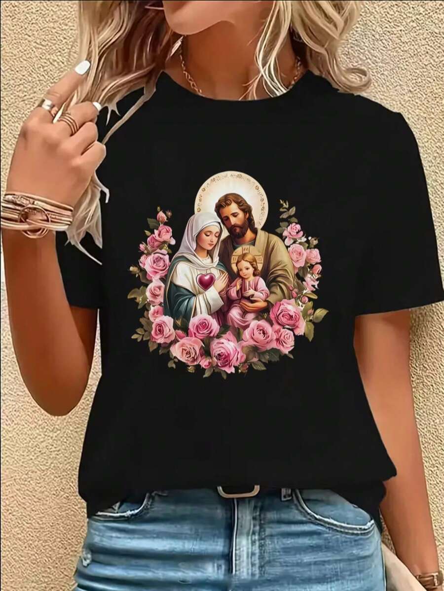Mujer camiseta casual moda gráfico Sagrada Familia flores rosa tela ligera color sólido ajuste holgado cuello redondo manga corta primavera verano uso diario T-shi rt - Negro - Ver 1