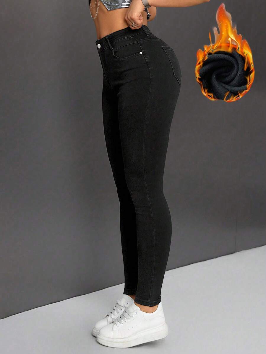 SHEIN PETITE Casual Solid Color Slim Fit Thermal Lined Jeans - Multicolor - View 1