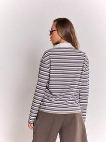 MUSERA Stripe Button Oversized Collard Polo Top Fall Autumn Cosy Cute Casual Coffee Club Spring Summer Holiday - Blue - View 3