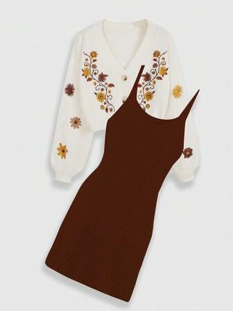 Hippie Cardigan brodé style cottagecore pour femmes, assorti à une robe à fines bretelles
