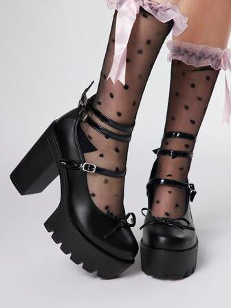 Kawaii Lila High Heel geschlossene Zehe Plateau Pumps mit Klobigem Absatz und Mehrfachriemen, Partykleid Schuhe für Frauen