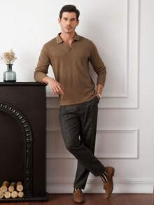 Core Aspect Chemise polo à manches longues col V unie marron café coupe régulière pour hommes, style "Old Money", style décontracté et simple. Chemise polo à manches longues pour hommes en automne, en tricot crocheté, de couleur unie, chemise polo en tricot, chemise polo décontracté, chemise polo col V, convient pour les sorties quotidiennes, les rassemblements entre amis, les week-ends décontractés, un excellent cadeau pour le petit ami ou le mari. Chemise polo en tricot marron best-seller sur INS pour hommes. - Marron - Voir 6
