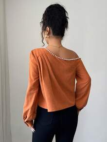 Elenzga 女式不对称肩部缎面长袖衬衫，秋季 - 咖啡棕 - 查看 2