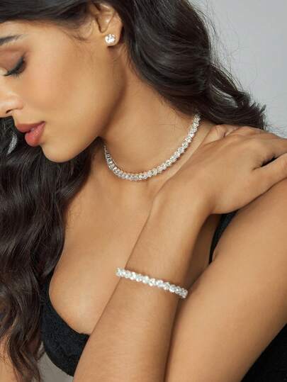 CUCCOO SZL Classic Rhinestone Jewelry Set: Rhinestone Collar Necklace, Bracelet, Earrings And Choker Necklace. 3 Pieces Set.