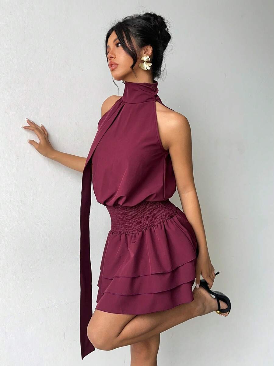 Aloruh Women's New Ruffled Flounce Mini Dress - Burgundy - View 1