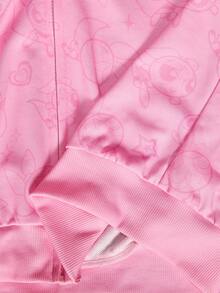 THE POWERPUFF GIRLS X SHEIN 女士休闲字母花卉图案落肩拉链卫衣，秋季 - 粉色 - 查看 8