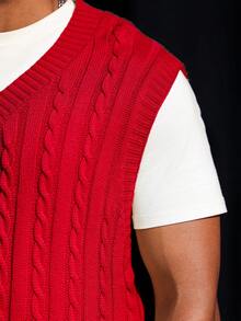 Manfinity Homme Chaleco sin mangas de punto de cable de unicolor con cuello en V para hombre - Rojo - Ver 3