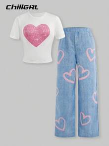 SHEIN ChillGRL 2 件套青少年女孩夏季休闲时尚心形图案 T 恤和心形印花阔腿裤套装春夏秋季度假和日常穿着