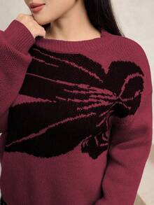 Modelyn 女士花卉图案针织毛衣和半裙两件套，时尚秋冬装 - 酒紅色 - 查看 3