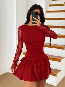 SHEIN EZwear Vestido mini con volantes de encaje negro y parches, nuevo para otoño - Rojo - Ver 5