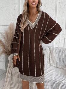 SHEIN LUNE Váy len trễ vai họa tiết sọc cho mùa thu/đông - màu nâu - Xem 5