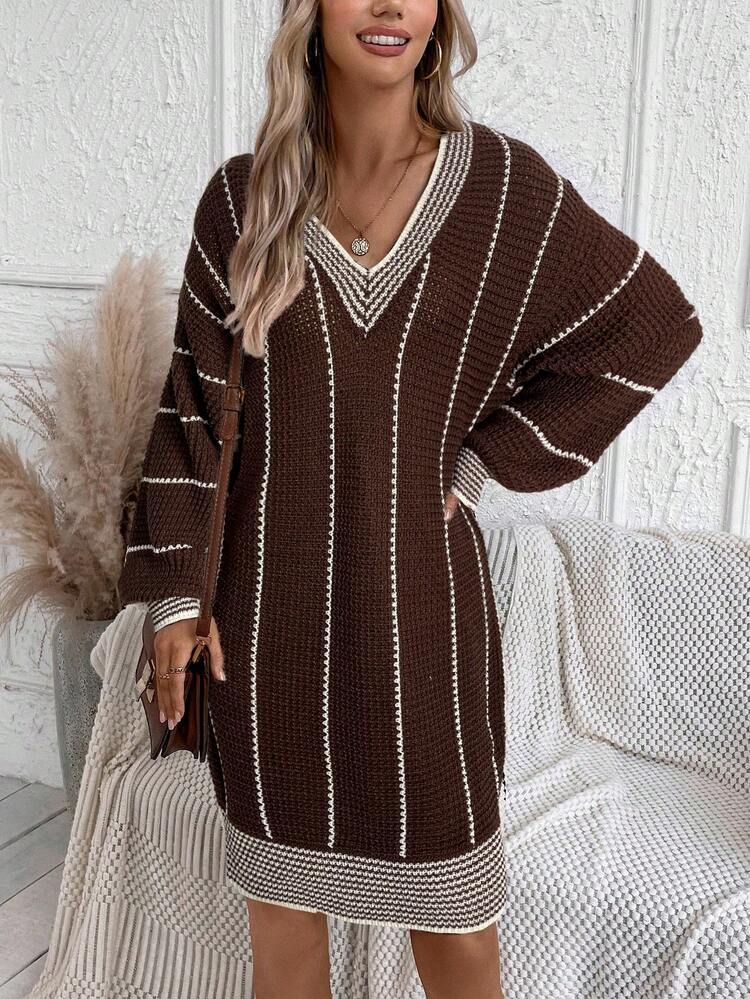 SHEIN LUNE 秋冬季条纹图案落肩毛衣连衣裙 - 棕色 - 查看 5