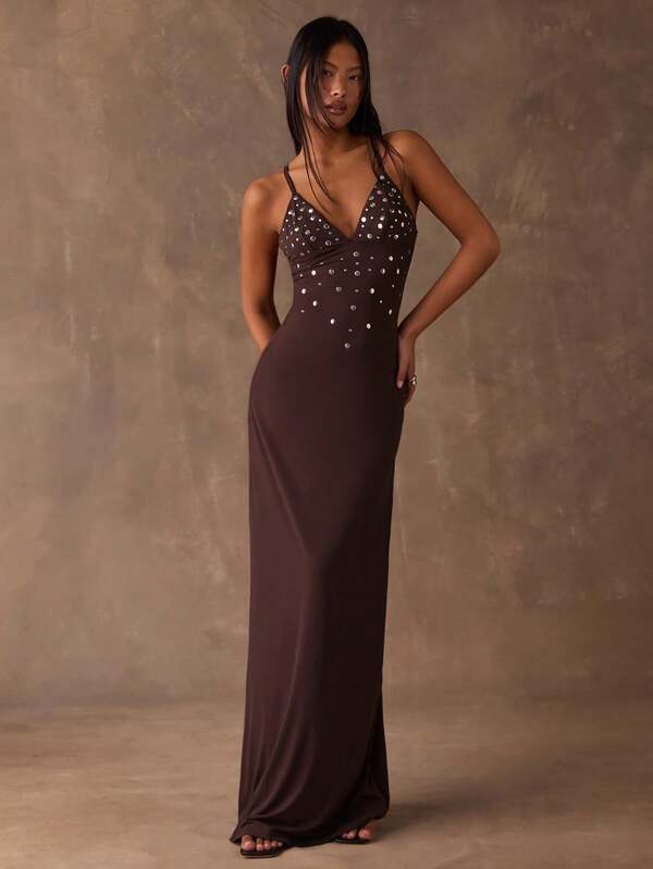 SHEIN BAE Women's Minimalist Casual Slip Dress,Brown Dress With Metallic Embellishments, Suitable For Going Out, Casual Wear, Sexy Backless Autumn Dress, Winter Dress, Party Dress, Everyday Street Style Dress, Christmas Dress, New Year's Dress.