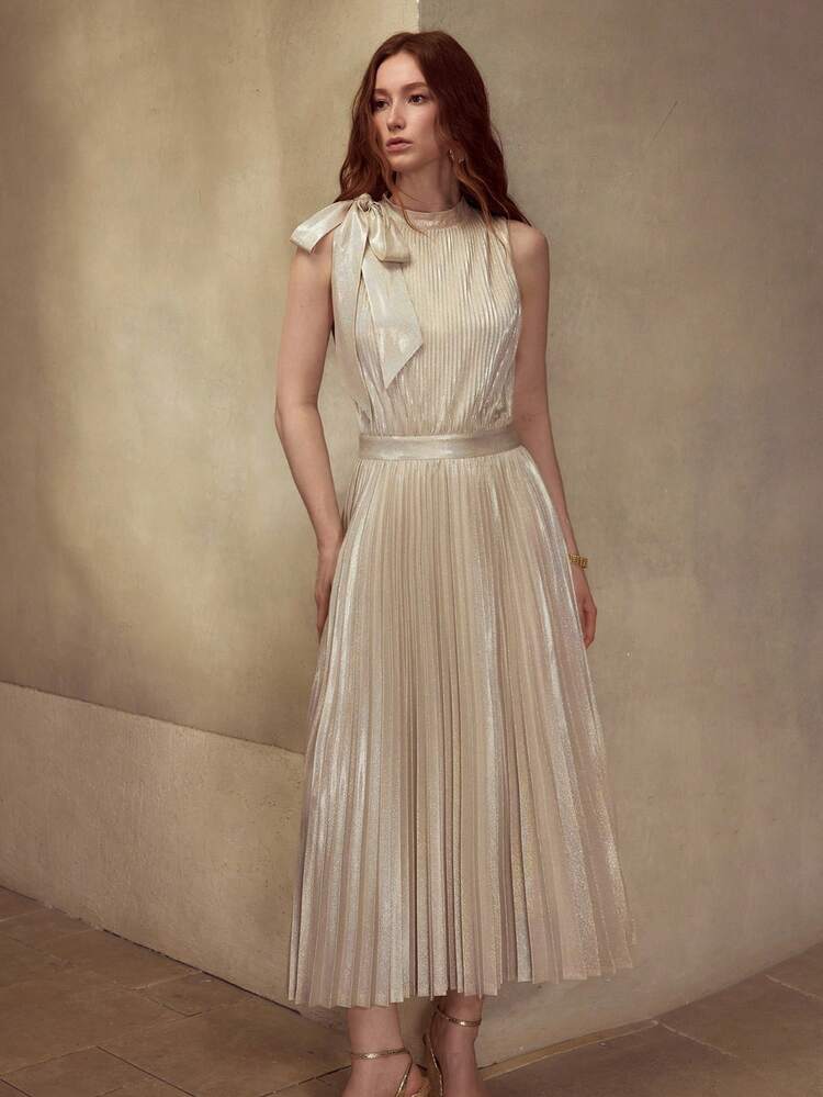 WOMEN LUXURY SHINY FASHION ELEGANT FITTED WAIST SLEEVELESS PLEATED BOW DECOR DRESS