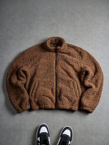 PAVTROS Plus Size Men's Casual Solid Color Fuzzy Jacket, Autumn/Winter,Men's Streetwear,Baggy.Brand,I Love My Boyfriend,Graphic,Plus Size Men,Fuzzy Warm Zip-Up Jacket - Brown - View 4