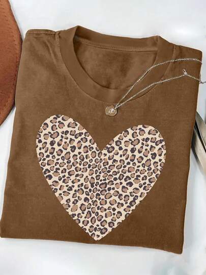 EMERY ROSE Trendig leopardmönstrad hjärtformad rund halsringning med kort ärm för kvinnor