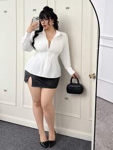 CovetEZ 大码纯色前扣长袖休闲衬衫 - 白色 - 查看 6